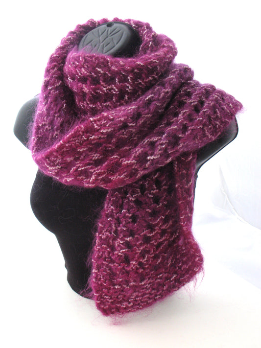Hand Knit Lace Kid Mohair Scarf - Raspberry