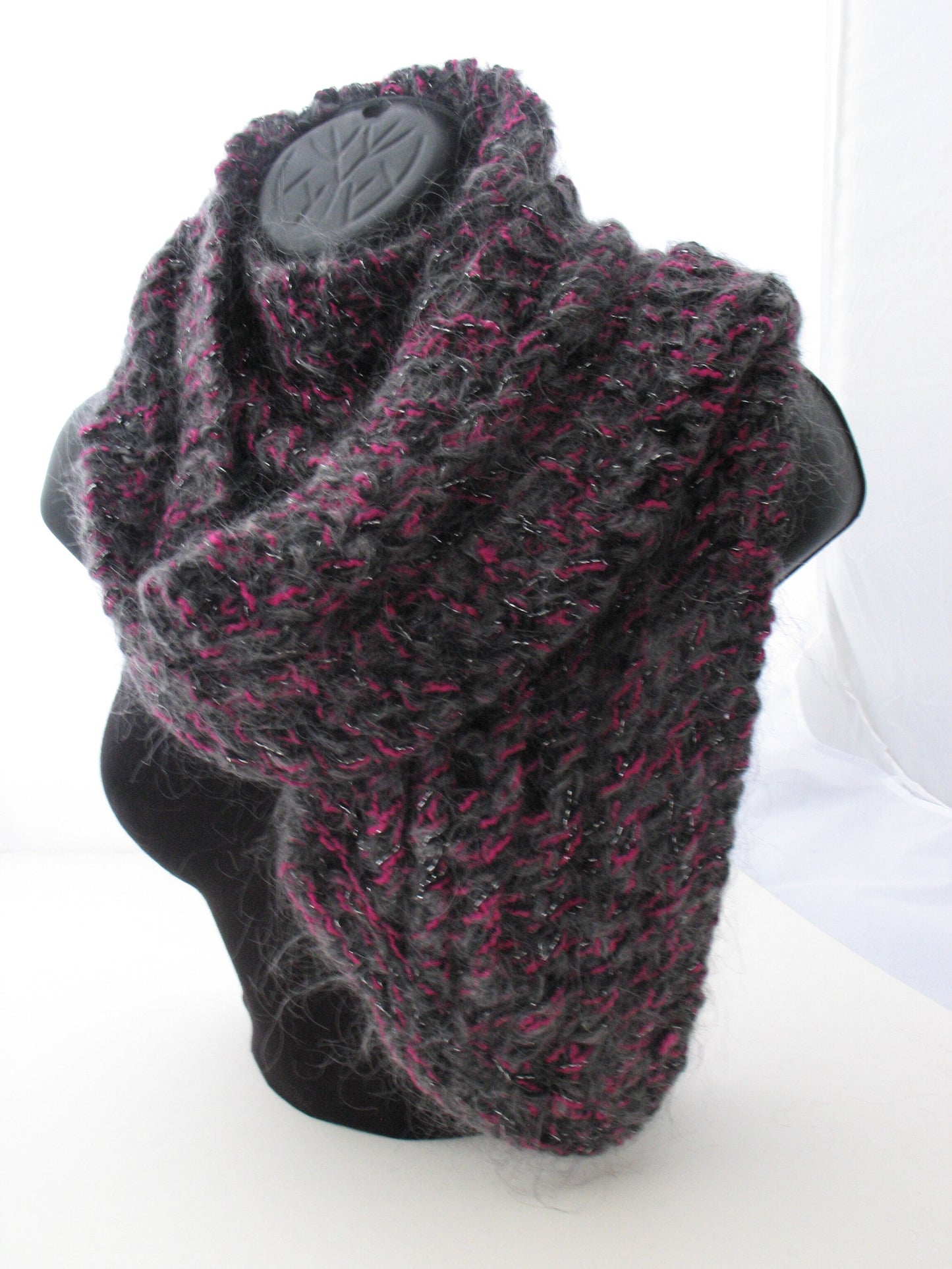 Hand Knit Lace Kid Mohair Scarf - Charcoal Pink Flash