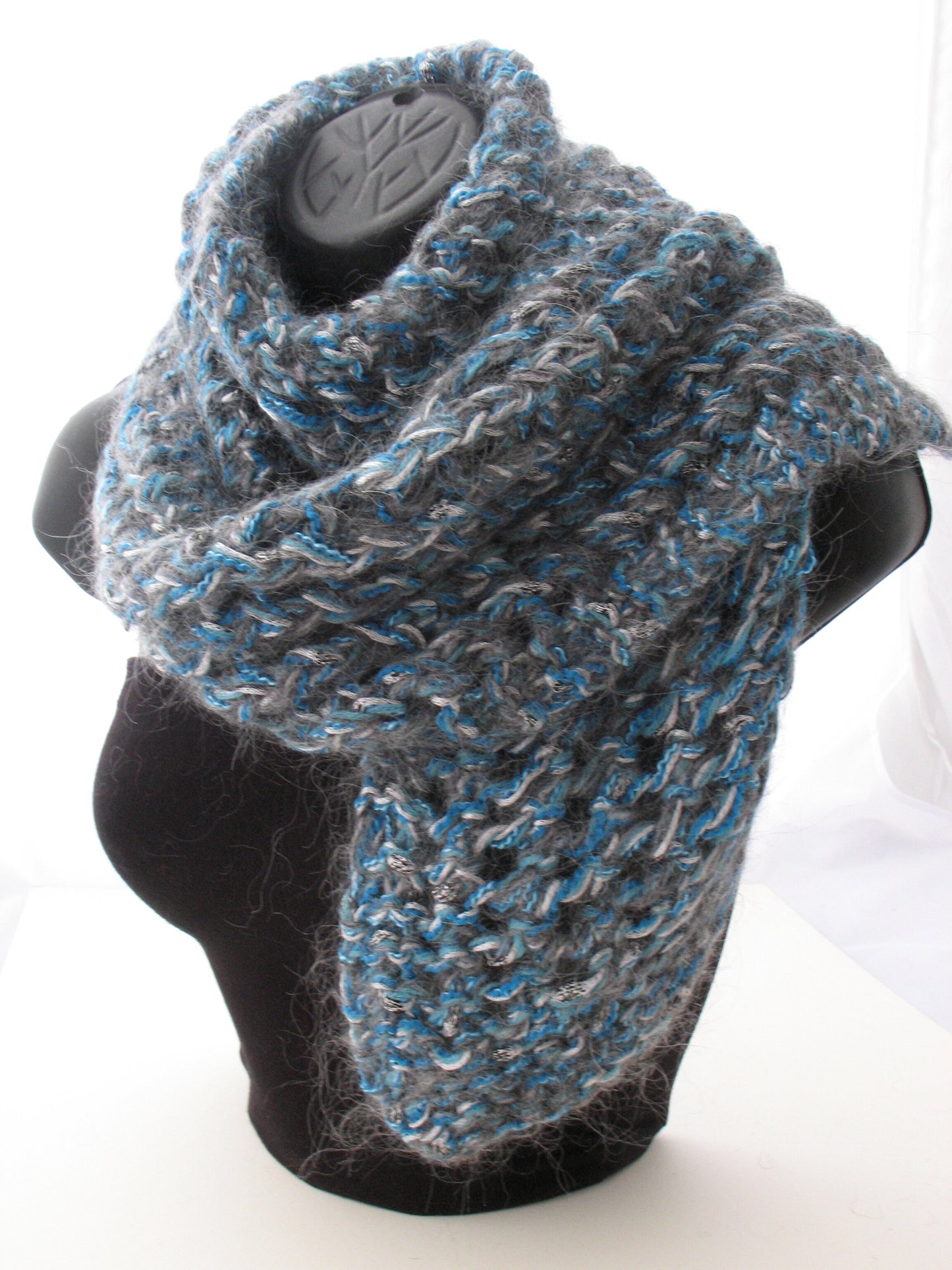 Hand Knit Lace Kid Mohair Scarf - Silver/Turqoise